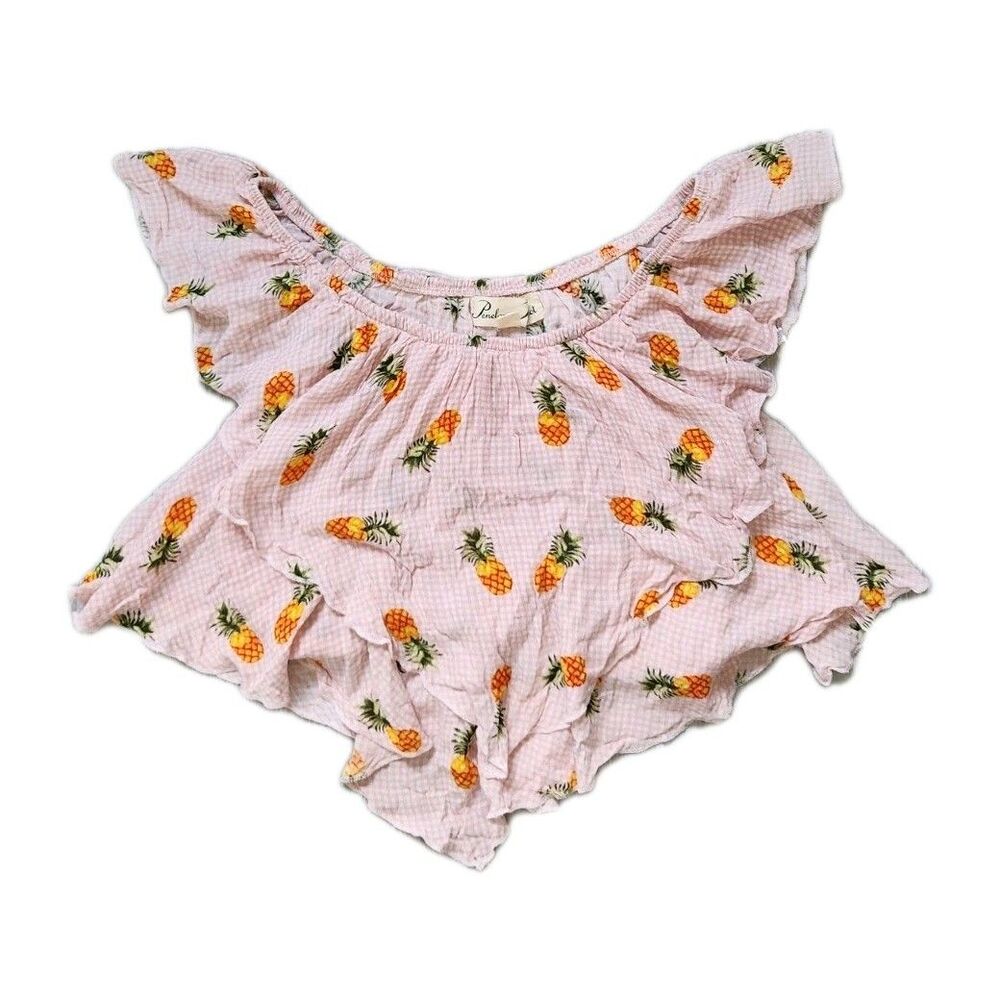 Penelope Project Pink Plaid Pineapple Crop Top Flutter Sleeve Flounce Women’s S